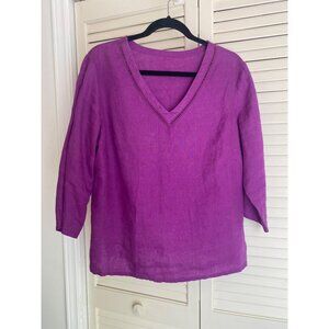 Purple Linen V-Neck 3/4 Sleeve Blouse Women's Loose Fit Size L